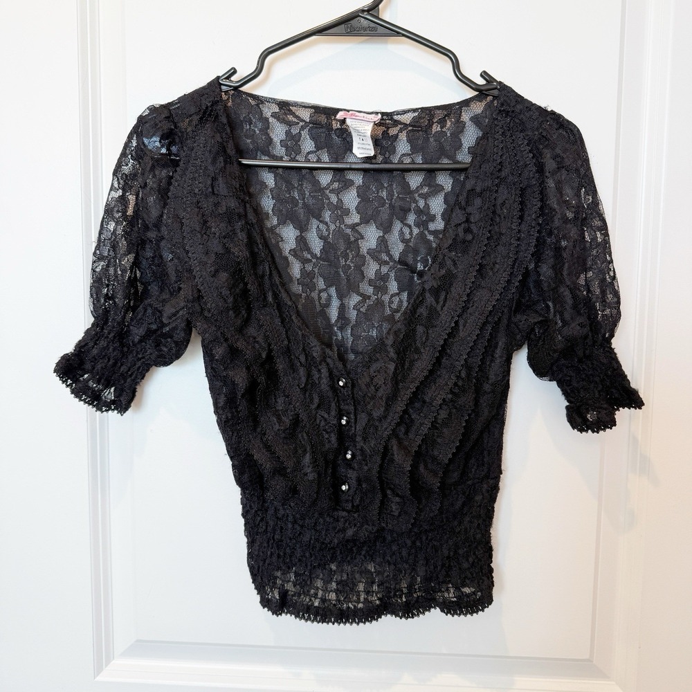 Womens Sheer Lace Top Size Medium Dark Coquette Whimsigoth Fairy Button Front